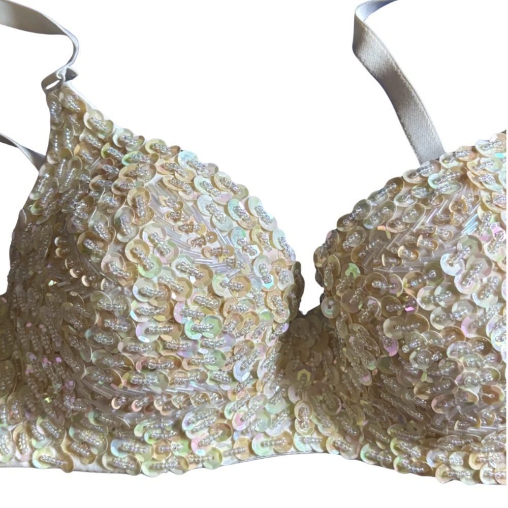 Meishulanna White Sequined & Beaded Bra | Size 34/37 | Statement Festival Top